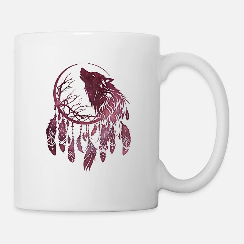 Traumfänger, Wolf, Mond, Natur, Baum, Tribal Stil - Tasse - Weiß