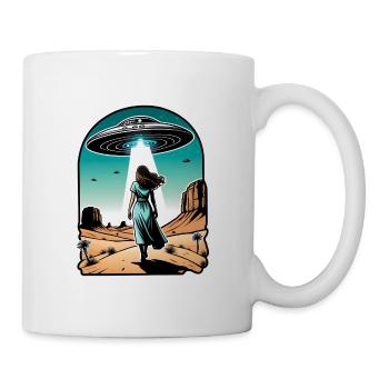 A woman is abducted by UFO in the desert. - Mug - white - Right
