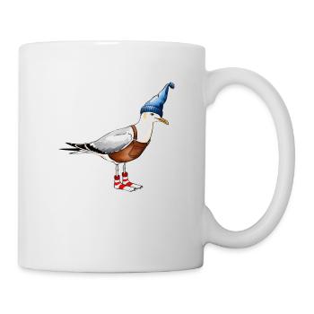 Lustige Möwen Illustration mit Mütze u. Latzhose - Tasse - Weiß - Rechts