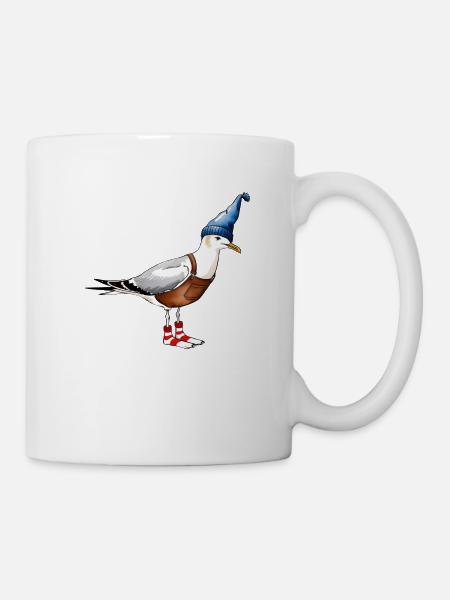Funny seagulls illustration with cap & dungarees - Mug - white