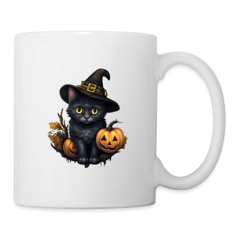 Halloween schwarzer Kater mit Hut und Kürbis - Tasse - Weiß - Rechts