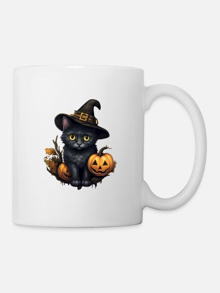 Halloween schwarzer Kater mit Hut und Kürbis - Tasse - Weiß