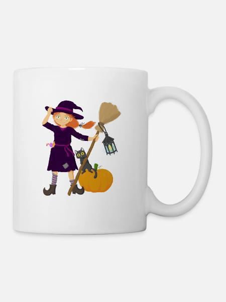 Sorcière avec balai et chat - Mug blanc - blanc