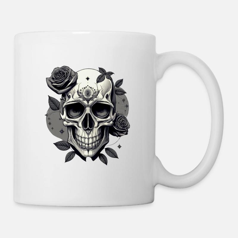 Schädel Gothic-Design schwarz-weiß mit Rosen HD - Tasse - Weiß
