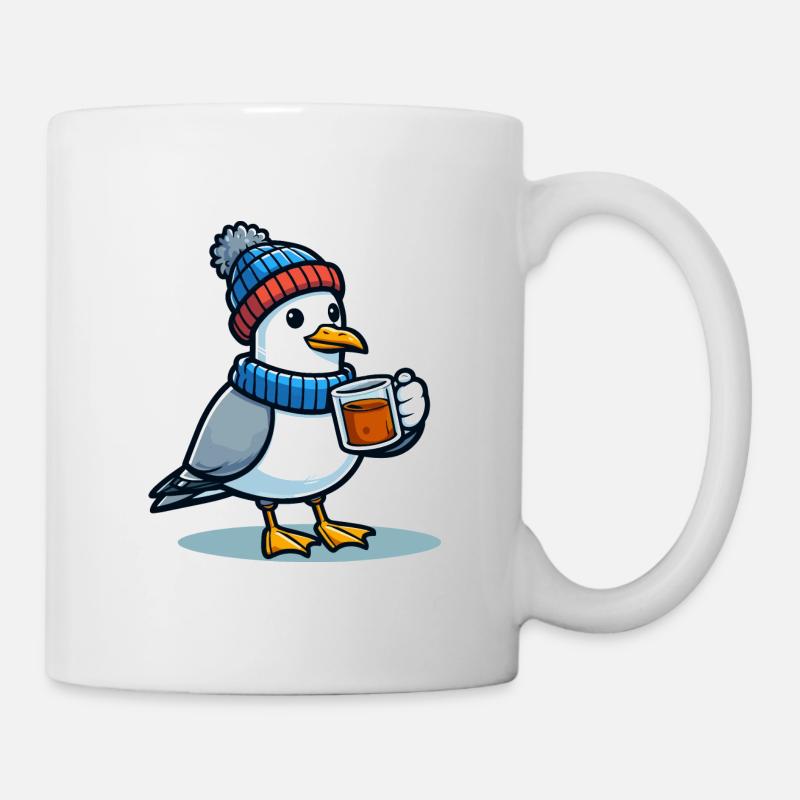 Nordsee Möwe Mütze Beanie trinkt Tee oder Kaffee - Tasse - Weiß