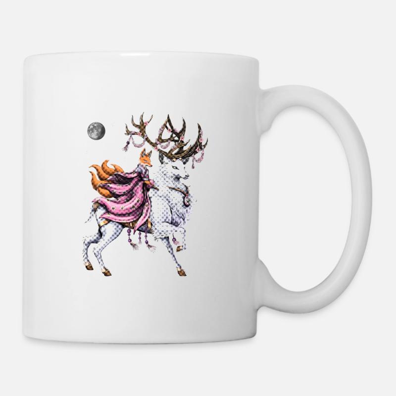 Japanischer Kitsune-Fuchs reitet auf Kirschblütenhirsch - Tasse - Weiß