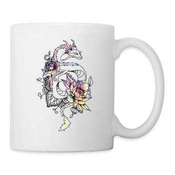 Tattoo style dragon with roses pastel rainbow - Mug - white - Right