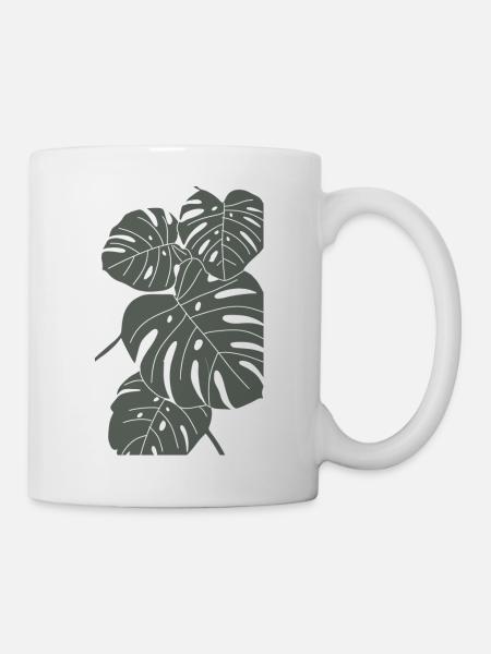 Monstera, outline white with green fill color - Mug - white