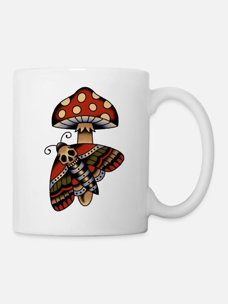 Old school tattoo design pilz und motte - Tasse - Weiß