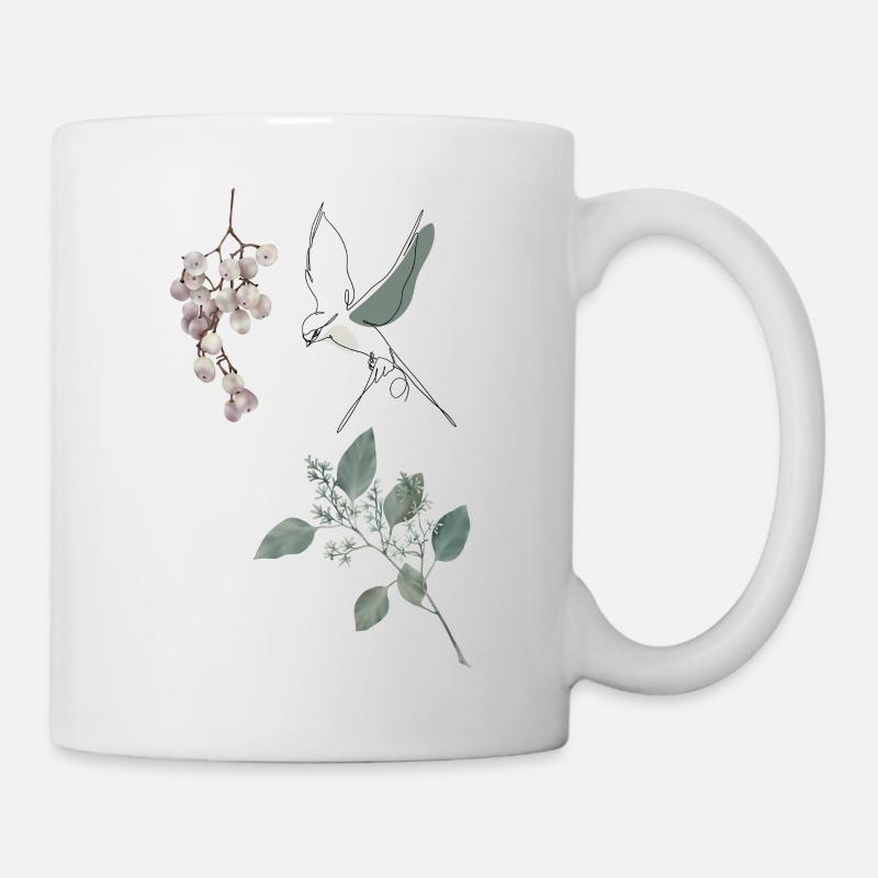 Skizze von Vogel und Blumen - Tasse - Weiß