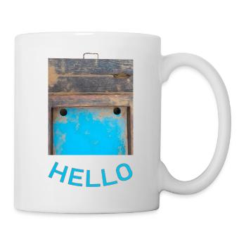 Aged wood panels on a playground with hello - Mug - white - Right