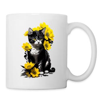 Chaton assis avec des fleurs jaunes - Mug blanc - blanc - Droite