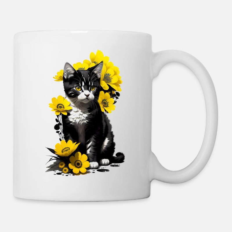 Kätzchen sitzend mit gelben Blumen - Tasse - Weiß
