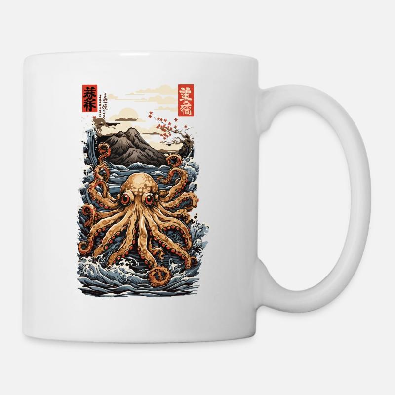 Japanischer Ukiyo-E Kraken Ästhetik Stil mit Kanji - Tasse - Weiß