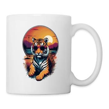 tigre avec lunette soleil et coucher de soleil - Mug blanc - blanc - Droite