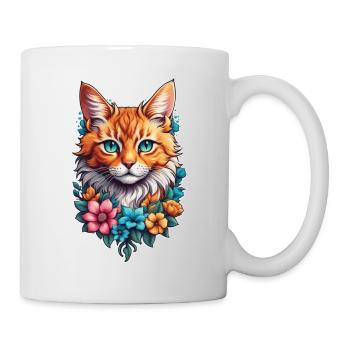 Katze und Blume Aquarell - Tasse - Weiß - Rechts