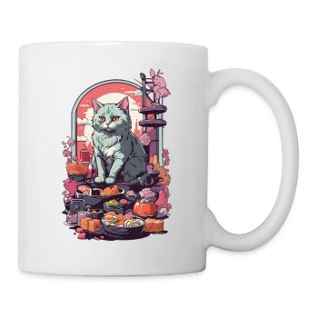 Retro Katze Sushi Sashimi Ukiyo-E Kunststil - Tasse - Weiß - Rechts