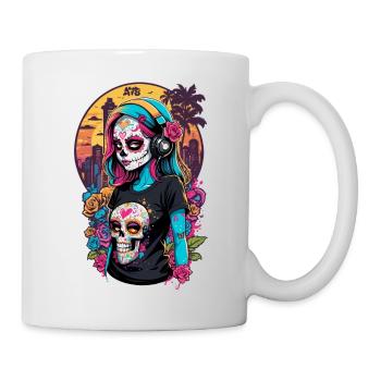 Sugar Skull Girl with Colourful Hair and Cityscape - Mug - white - Right