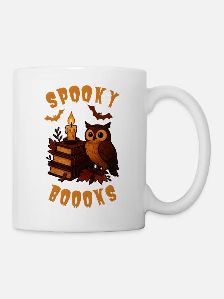 Spooky Boooks - Owl next to books with candle - Mug - white
