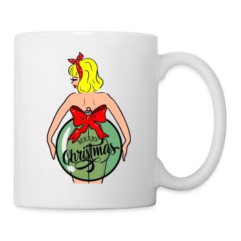 Frau mit Weihnachtskugel und roter Schleife - Tasse - Weiß - Rechts