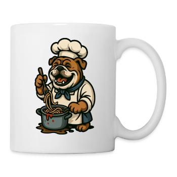 Bulldogge Koch Kochen Spaghetti Glücklich Cartoon Kunst - Tasse - Weiß - Rechts