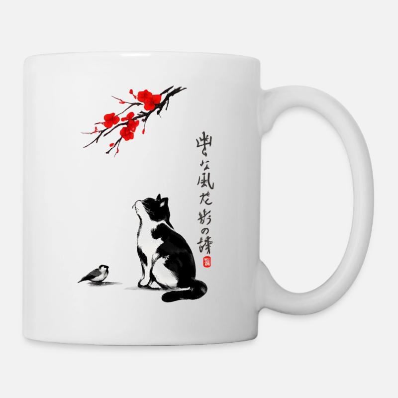 Cat Japan Sakura et Calligraphy Zen - Mug blanc - blanc