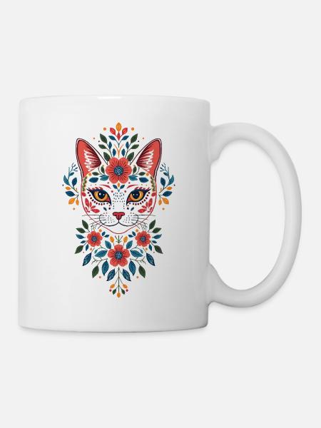 Blumenkatzenkopf im FolkStil - Tasse - Weiß