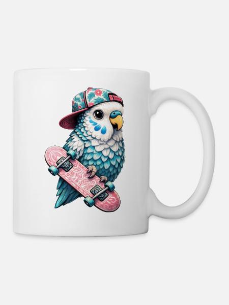 Cooler Skateboard-Vogel mit Cap – Streetstyle Desi - Tasse - Weiß
