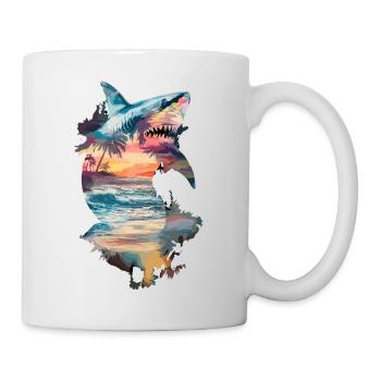 Hai Sonnenuntergang Strand Palmen Meer Natur - Tasse - Weiß - Rechts
