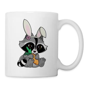 Snuggles the raccoon in a bunny costume with carrot - Mug - white - Right