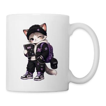 Lila Schülerkatze und Sterne - Tasse - Weiß - Rechts