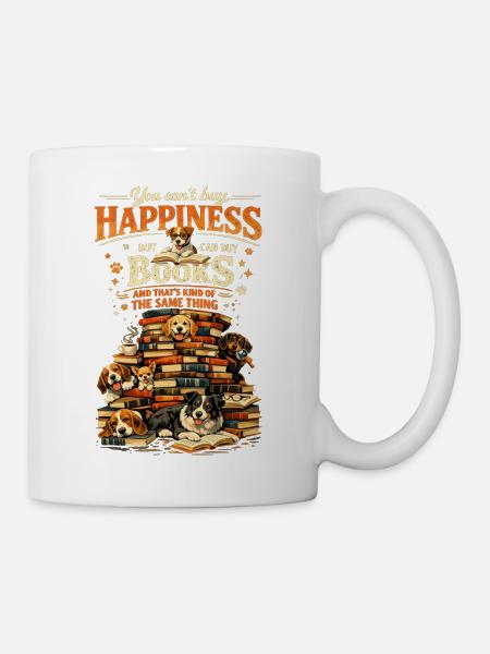 Book Stack & Dogs: You Can't Buy Happiness - Tasse - Weiß