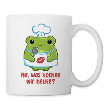 Kochfrosch mit Kuss-Schürze - Was kochen wir heute - Tasse - Weiß - Rechts