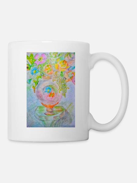 Runde Vase mit verschiedenen Blumen - Tasse - Weiß