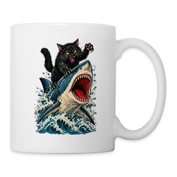 Angry Black Cat Riding a Great White Shark - Tasse - Weiß - Rechts