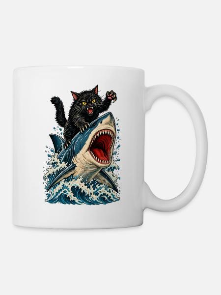 Angry Black Cat Riding a Great White Shark - Tasse - Weiß