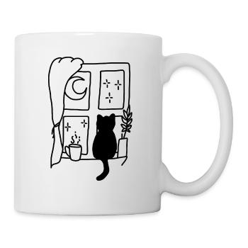 Katze Fenster Sitzen Nacht - Tasse - Weiß - Rechts
