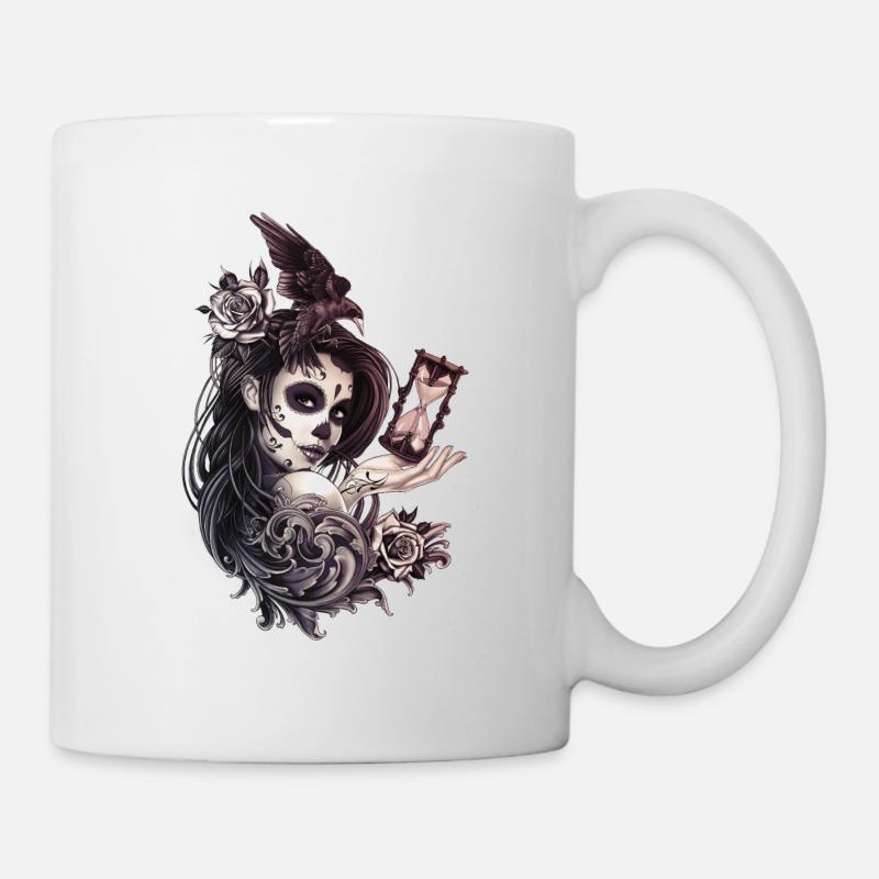 Fille de crâne de sucre de style de tatouage avec oiseau - Mug blanc - blanc
