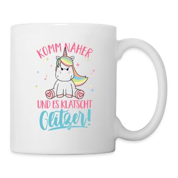Komm näher und es klatscht Glitzer Einhorn Spruch - Tasse - Weiß - Rechts