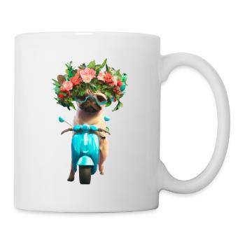 E-Rolller Mops mit Blumenkranz - Tasse - Weiß - Rechts