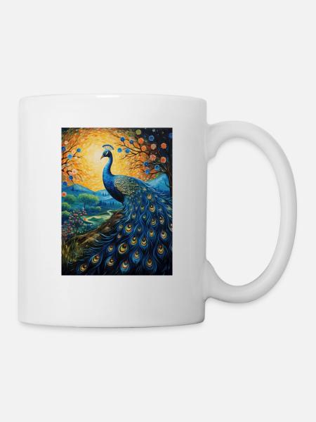 pfau, van gogh, sternennacht, tier, vogel - Tasse - Weiß