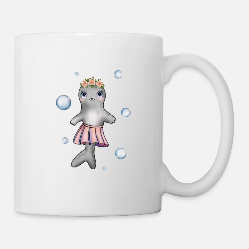 Petit bébé phoque avec couronne de fleurs et jupe - Mug blanc - blanc