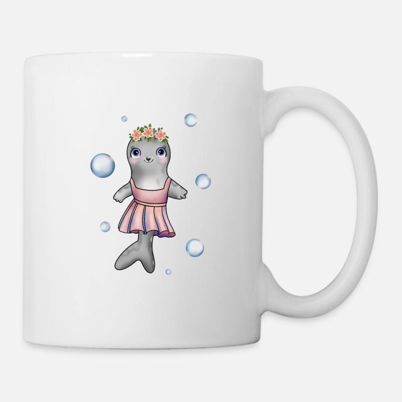 Petit bébé phoque avec couronne de fleurs et robe - Mug blanc - blanc