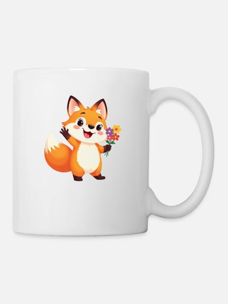 Cheerful cartoon fox with bouquet of flowers - Mug - white