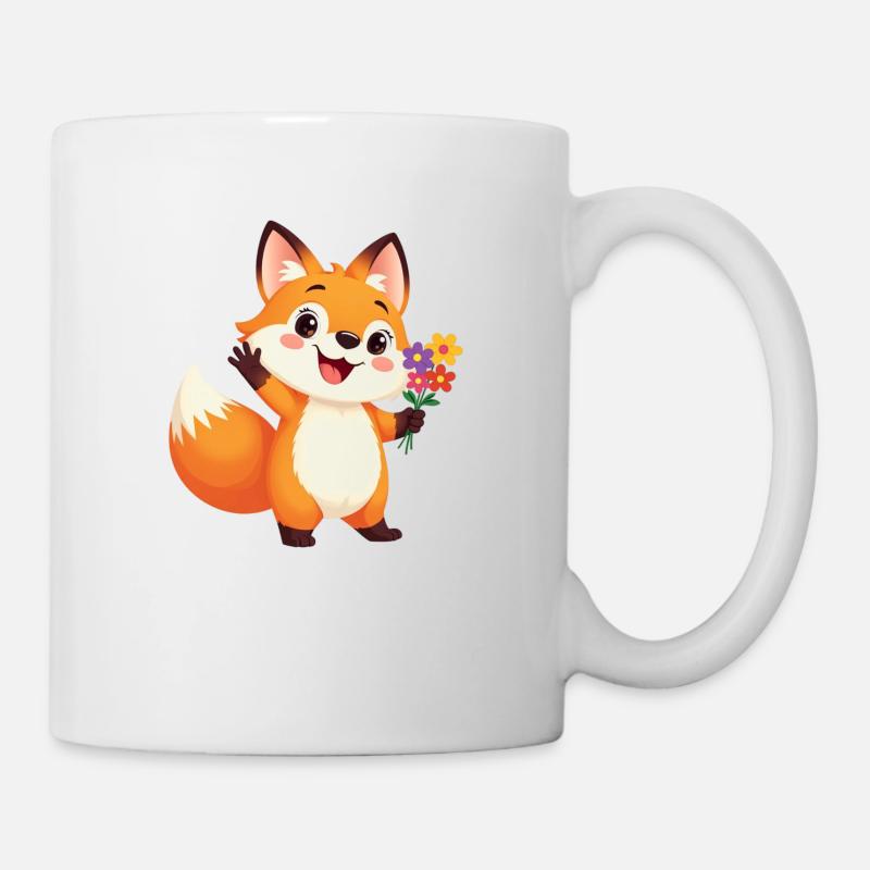 Fröhlicher Cartoon Fuchs mit Blumenstrauß - Tasse - Weiß