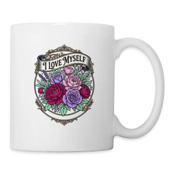Ich liebe mich selbst – Blumenemblem - Tasse - Weiß - Rechts