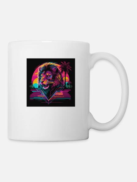 Lion with neon colors, synthwave / 80s - Mug - white