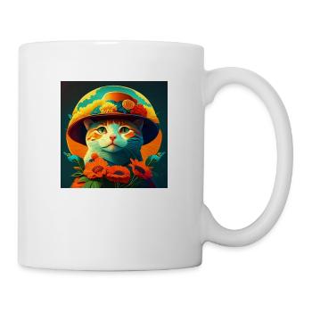 Katze mit Hut und Blumen Design - Tasse - Weiß - Rechts