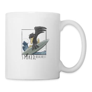 Stoked, Beaches! Surfer crow raven on wave - Mug - white - Right