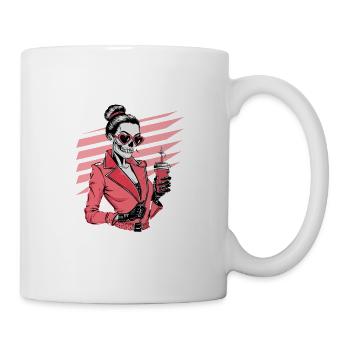 Witzige Skelett-Dame mit Kaffee und Sonnenbrille - Tasse - Weiß - Rechts